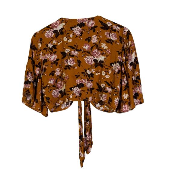 American Eagle Tie Front Crop Top Womens M Brown Floral Bell Sleeve Cottagecore - Picture 4 of 6